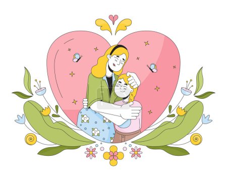 Illustration for Appreciation mother day 2D linear illustration concept. Closeness affectionate mom young daughter cartoon characters isolated on white. Good warm moment metaphor abstract flat vector outline graphic - Royalty Free Image