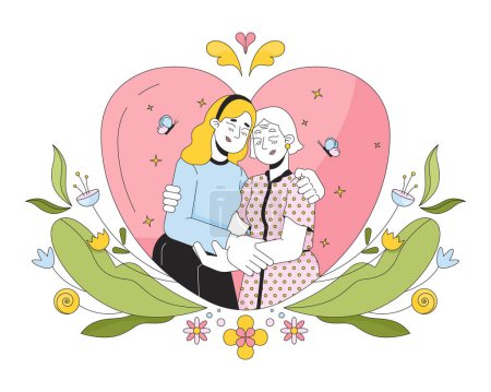 Gratitude mother day 2D linear illustration concept. Closeness affectionate older mother daughter cartoon characters isolated on white. Good warm moment metaphor abstract flat vector outline graphic