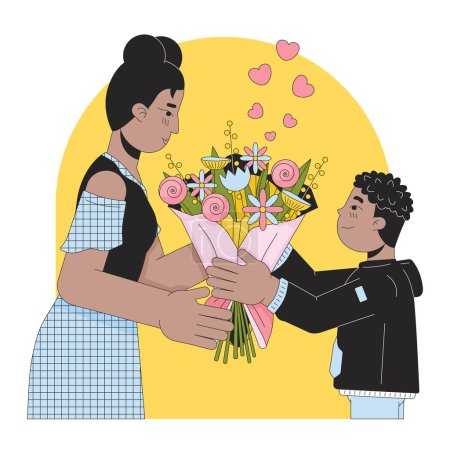 Illustration for Bouquet flowers on mother day line cartoon flat illustration. Mom and son african american 2D lineart characters isolated on white background. Mommy congrats 8 march scene vector color image - Royalty Free Image