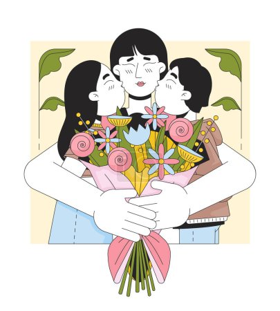Umarmende Mama gratuliert Zeile Cartoon flache Illustration. Asiatische Mutter Kinder glücklich 2D lineart Zeichen isoliert auf weißem Hintergrund. Blumen Strauß Umarmung. Glückliche Mutter Tag Szene Vektor Farbbild