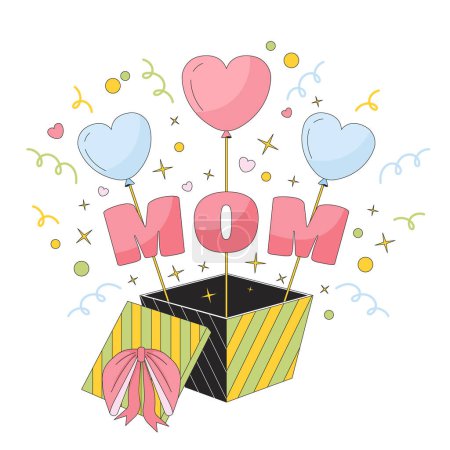 Illustration for Gift box mothers day 2D linear illustration concept. Mom birthday surprise giftbox cartoon object isolated on white. Motherhood present explosion congrats metaphor abstract flat vector outline graphic - Royalty Free Image