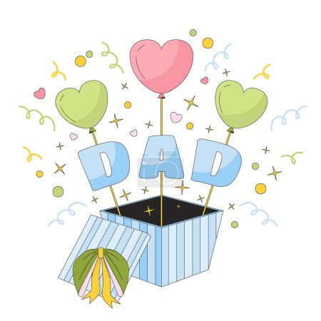 Gift box father day 2D linear illustration concept. Open giftbox dad birthday surprise cartoon object isolated on white. Daddy present hearts out box metaphor abstract flat vector outline graphic