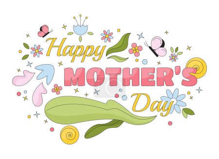 Illustration for Happy mother day 2D linear illustration concept. Second Sunday of May spring ornament cartoon greeting text isolated on white. Springtime flowers inscription card abstract flat vector outline graphic - Royalty Free Image