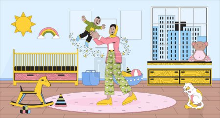 Mom playing baby in nursery cartoon flat illustration. Toddler playing with adult muslim arab 2D line characters colorful background. Child babysitter. Nanny playtime scene vector storytelling image