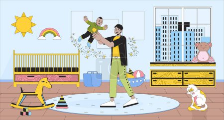 Father throwing baby in air cartoon flat illustration. Middle eastern dad infant playtime in nursery 2D line characters colorful background. Male parent and toddler scene vector storytelling image