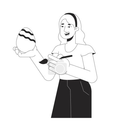 Easter egg painting woman caucasian black and white 2D line cartoon character. Holding egg young female isolated vector outline person. April eastertime custom monochromatic flat spot illustration