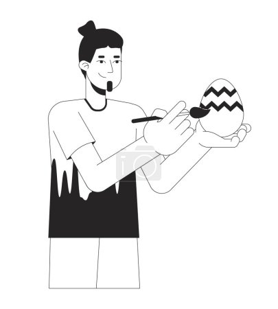 Easter-egg painting man adult caucasian black and white 2D line cartoon character. Holds egg happy guy isolated vector outline person. Easteregg eastertide custom monochromatic flat spot illustration
