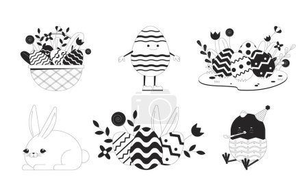 Bunny paschal eggs black and white cartoon flat illustrations set. Easter egg hunt 2D lineart characters, objects isolated. Resurrection spring eastereggs monochrome vector outline images collection