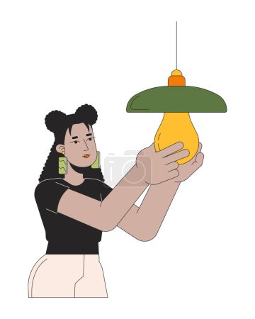 Switching to energy saving lightbulb line cartoon flat illustration. Hispanic woman replacing bulb 2D lineart character isolated on white background. Modernization light scene vector color image