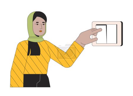 Illustration for Turning off light line cartoon flat illustration. Muslim hijab female 2D lineart character isolated on white background. Reduce electricity usage. Saving energy at home scene vector color image - Royalty Free Image