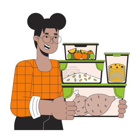Illustration for Carrying meal prep containers line cartoon flat illustration. Black woman 2D lineart character isolated on white background. Energy efficient cooking. Saving energy at home scene vector color image - Royalty Free Image