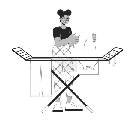 Laundry hanging on rack black and white cartoon flat illustration. African american 2D lineart character isolated. Reduce electricity usage. Saving energy home monochrome scene vector outline image