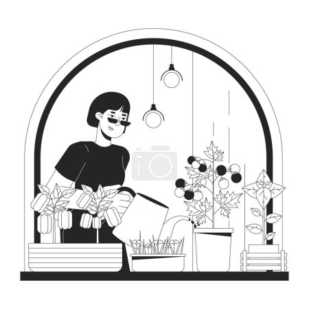 Cultivo de verduras de interior alféizar de ventana ilustración plana de dibujos animados en blanco y negro. Mujer asiática 2D carácter lineal aislado. Reducir el consumo de electricidad. Ahorro de energía casa monocromo vector contorno imagen