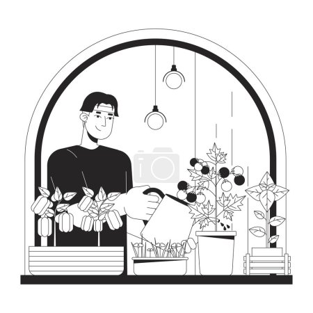 Illustration for Indoor vegetable gardening black and white cartoon flat illustration. Asian male watering vegetables 2D lineart character isolated. Reduce energy costs. At home monochrome scene vector outline image - Royalty Free Image