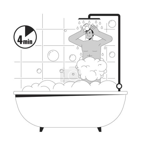 4 minute shower black and white cartoon flat illustration. Indian man showering bathtub 2D lineart character isolated. Reduce electricity usage. Water saving at home monochrome vector outline image