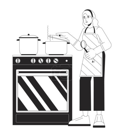 Saving energy by cooking with lid black and white cartoon flat illustration. Caucasian woman putting lid on pot 2D lineart character isolated. Heating food quickly monochrome vector outline image