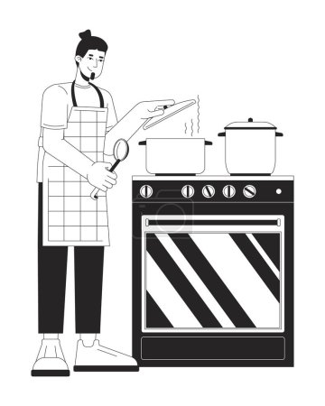 Covering pot with lid while cooking black and white cartoon flat illustration. Stove food preparation. Caucasian guy 2D lineart character isolated. Saving energy monochrome scene vector outline image