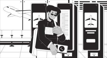 Ticket buying at self service check in black and white line illustration. Airport passenger paying nfc phone boarding 2D character monochrome background. Airline ticketing outline scene vector image