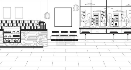 Illustration for Coffee shop inside black and white line illustration. Cafeteria counter. Coffeeshop indoor 2D interior monochrome background. Diner eatery. Cafe bakery no people outline scene vector image - Royalty Free Image