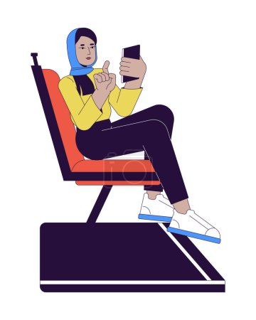 Illustration for Muslim woman commuter phone scrolling 2D linear cartoon character. Scarf hijab female passenger isolated line vector person white background. Public transport traveler color flat spot illustration - Royalty Free Image