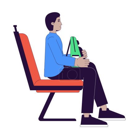 Indian male commuter in public transport seat 2D linear cartoon character. South asian man holding backpack isolated line vector person white background. Bus riding color flat spot illustration