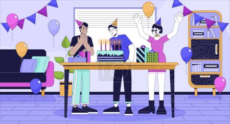 Home party in living room cartoon flat illustration. Drinks and loud speakers in apartment 2D line interior colorful background. Holiday night preparation scene vector storytelling image