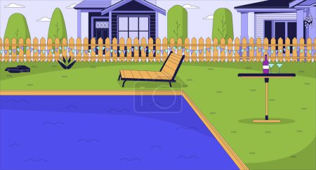 Ilustración de Ilustración plana de dibujos animados área junto a la piscina de lujo. Fiesta y relax. Piscina patio trasero en verano 2D línea paisaje colorido fondo. Recreación en swimpool escena vector storytelling imagen - Imagen libre de derechos