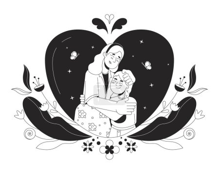 Wertschätzung Muttertag schwarz-weiß 2D-Illustrationskonzept. Nähe liebevolle Mutter junge Tochter Zeichentrickfiguren umreißen isoliert auf weiß. Gute warme Moment Metapher monochrome Vektorkunst