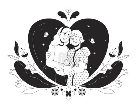 Gratitude mother day black and white 2D illustration concept. Closeness affectionate older mother daughter cartoon outline characters isolated on white. Good warm moment metaphor monochrome vector art