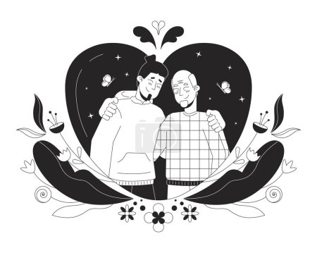 Illustration for Thanks father day black and white 2D illustration concept. Closeness hugs father son older caucasian cartoon outline characters isolated on white. Good warm moment metaphor monochrome vector art - Royalty Free Image