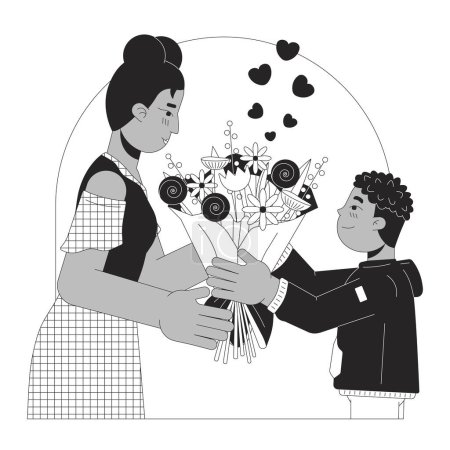 Illustration for Bouquet flowers on mother day black and white black and white line illustration. Mom son african american 2D lineart characters isolated. Mommy congrats 8 march monochrome scene vector outline image - Royalty Free Image