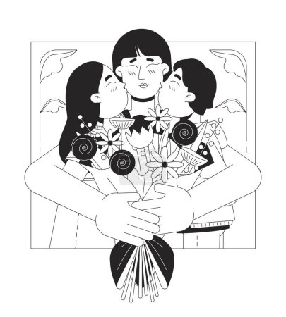 Hugging mom congrats black and white black and white line illustration. Asian mother children happy 2D lineart characters isolated. Flowers bouquet embracing mum monochrome scene vector outline image
