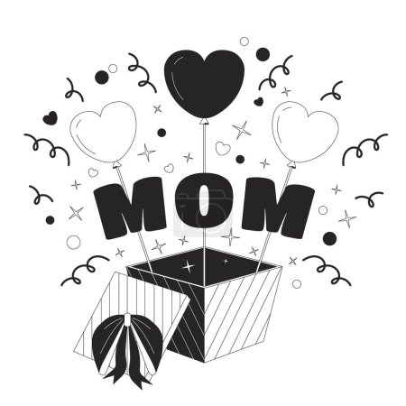 Gift box mothers day black and white 2D illustration concept. Mom birthday surprise giftbox cartoon outline object isolated on white. Motherhood present congrats metaphor monochrome vector art