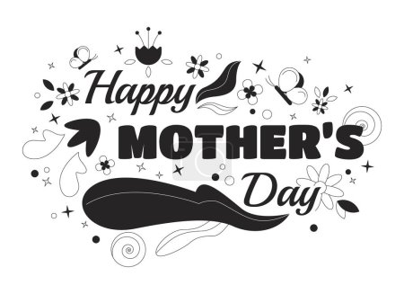 Illustration for Happy mother day black and white 2D illustration concept. Second Sunday of May spring ornament cartoon outline greeting isolated on white. Springtime flowers inscription card monochrome vector art - Royalty Free Image