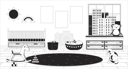 Illustration for Baby nursery room black and white line illustration. Crib bed, round floor rug 2D interior monochrome background. Blank posters wall. Childhood toys. Childrens room outline scene vector image - Royalty Free Image