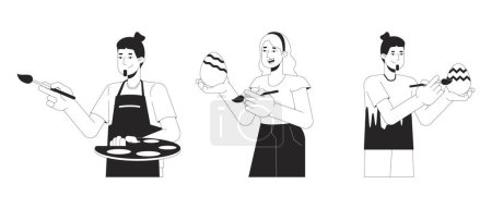 Easter-eggs painting black and white 2D line cartoon characters set. Caucasian woman men isolated vector outline people collection. Preparation holiday Eastertide monochromatic flat spot illustrations