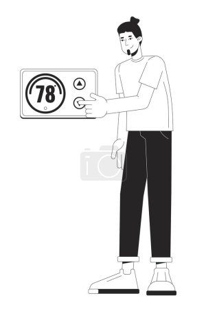 Adjusting thermostat black and white cartoon flat illustration. Keep house warm 2D lineart character isolated. Lower electricity usage. Heating control switching monochrome scene vector outline image