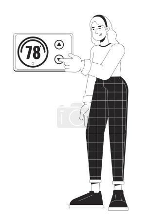 Illustration for Turning down thermostat black and white cartoon flat illustration. Saving energy home 2D lineart character isolated. Reduce utility bills. Room temperature change monochrome scene vector outline image - Royalty Free Image