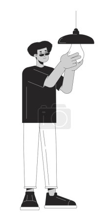 Illustration for Energy efficient lighting option black and white cartoon flat illustration. Latino guy 2D lineart character isolated. Lowering utility bills. Saving energy, fix lamp monochrome vector outline image - Royalty Free Image