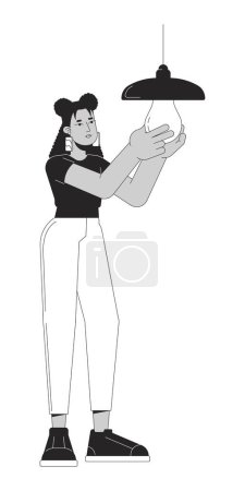 Illustration for Switching to efficient lighting black and white cartoon flat illustration. Latina woman replaces bulb 2D lineart character isolated. Install sustainable light source monochrome vector outline image - Royalty Free Image