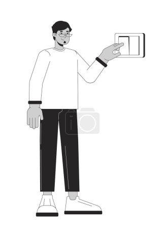 Clicking light switch black and white cartoon flat illustration. Arab adult guy 2D lineart character isolated. Reduce carbon footprint. Energy conservation at home monochrome vector outline image