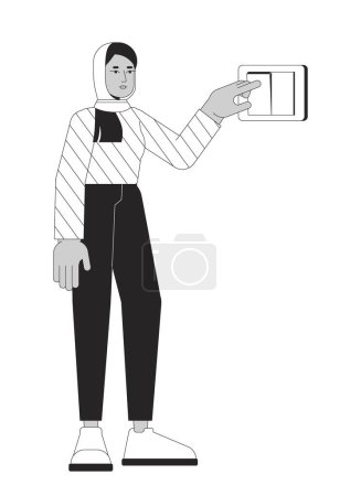 Turning off light with wall switch black and white cartoon flat illustration. Muslim hijab 2D lineart character isolated. Push button turn on. Save energy bill monochrome scene vector outline image