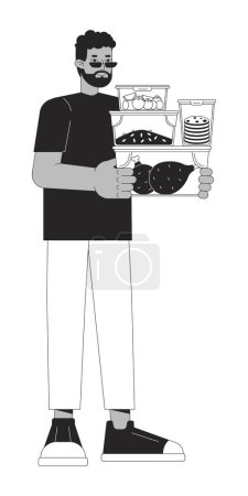 Meal prepping for saving time black and white cartoon flat illustration. Nutritionally balanced diet. Black man 2D lineart character isolated. Reduce carbon footprint monochrome vector outline image