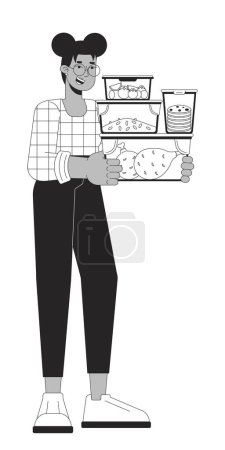 Carrying food storage containers black and white cartoon flat illustration. Black girl 2D lineart character isolated. Energy efficient healthy meal. Packing leftovers monochrome vector outline image