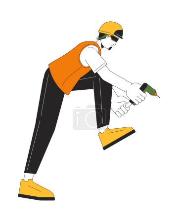 Caucasian male engineer holding cordless screwdriver 2D linear cartoon character. Working man electrician isolated line vector person white background. Drilling hole color flat spot illustration