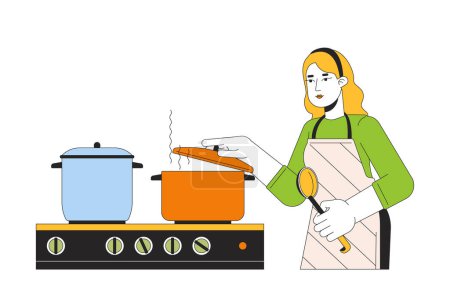 Illustration for Caucasian woman putting lid on pot 2D linear cartoon character. Boiling water. Blonde female isolated line vector person white background. Cooking dinner at kitchen color flat spot illustration - Royalty Free Image