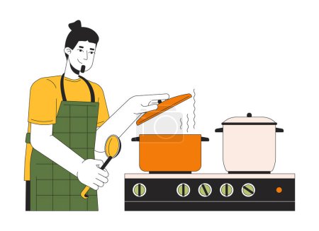 Illustration for Caucasian guy covering pot with lid 2D linear cartoon character. Meal preparing. European man isolated line vector person white background. Stove cooking utensil color flat spot illustration - Royalty Free Image