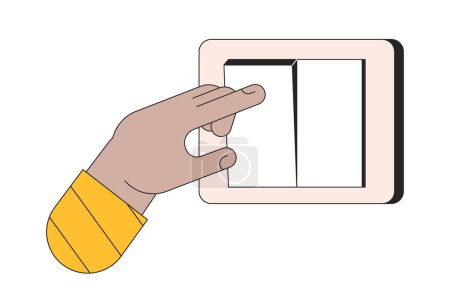 Turning off light on wall switch linear cartoon character hand illustration. Energy saving outline 2D vector image, white background. Electricity switching finger editable flat color clipart