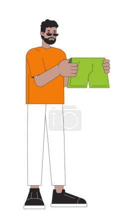 Bearded black man choosing boxer shorts 2D linear cartoon character. African american guy isolated line vector person white background. Selecting underwear laundry color flat spot illustration