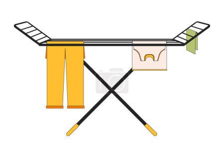 Illustration for Air dry clothes rack 2D linear cartoon object. Laundry hanging on rack isolated line vector element white background. Housekeeping chores housework. Air drying clothing color flat spot illustration - Royalty Free Image